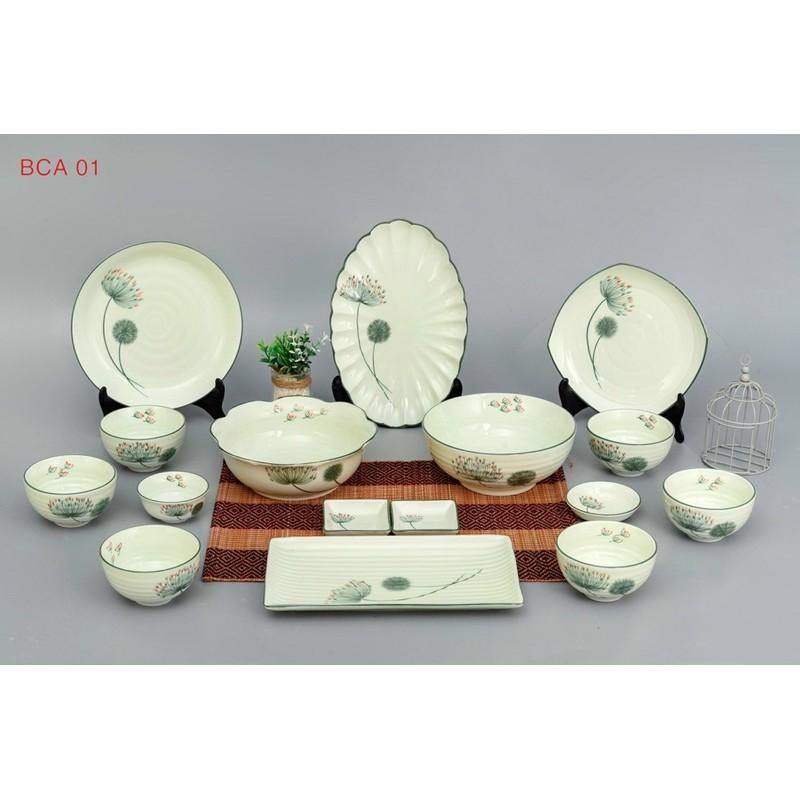 Bộ bát đĩa men kem, họa tiết hoa Bồ công anh vẽ thủ công