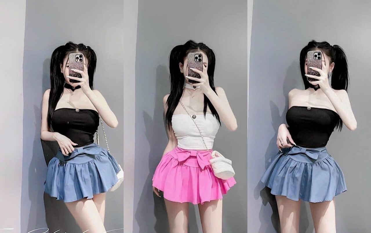 SET ĐI CHƠI, SET 2 MÓN ÁO CROPTOP KIỂU CÚP NGỰC KÈM CHOKER PHỐI CHÂN VÁY XÒE CỰC KUTE