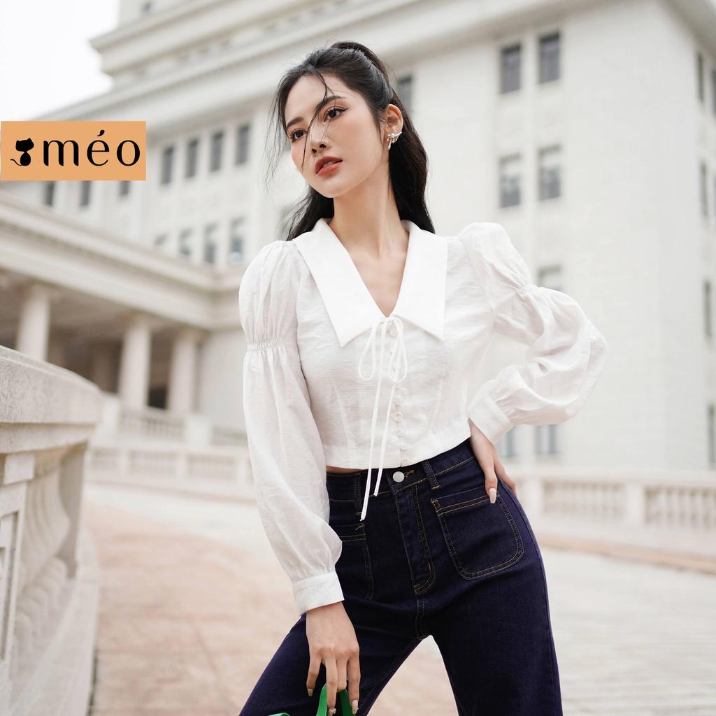 Áo kiểu Méo shop dài tay cổ v tay bồng nhún bó eo phong cách Hàn Heelen