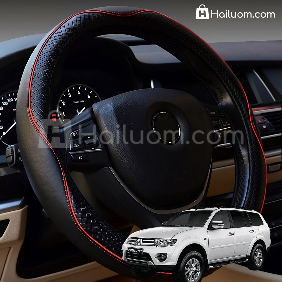 Bọc Vô Lăng ô tô cho MITSUBISHI PAJERO SPORT Da Thật Cao Cấp - Màu Đen Chỉ Đỏ
