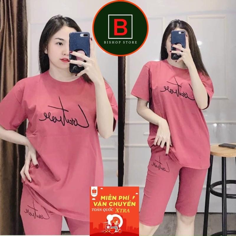 Đồ bộ nữ, set bộ đồ lửng mặc nhà thêu chữ chất vải cotton co giãn