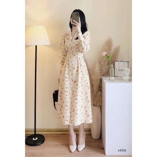 ĐẦM MIDI HOA NHÍ CỔ SƠ MI BO EO THANH LỊCH