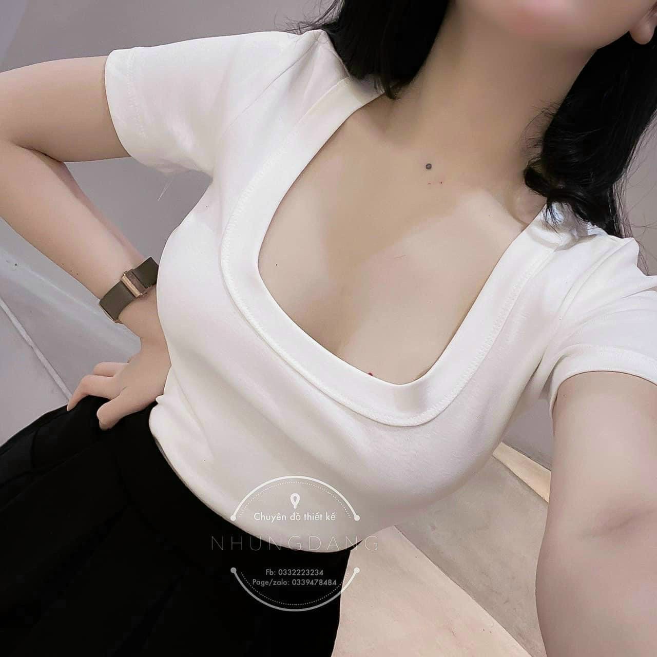 Áo phông nữ,áo thun nữ cộc tay cổ u viền to vải zip cotton