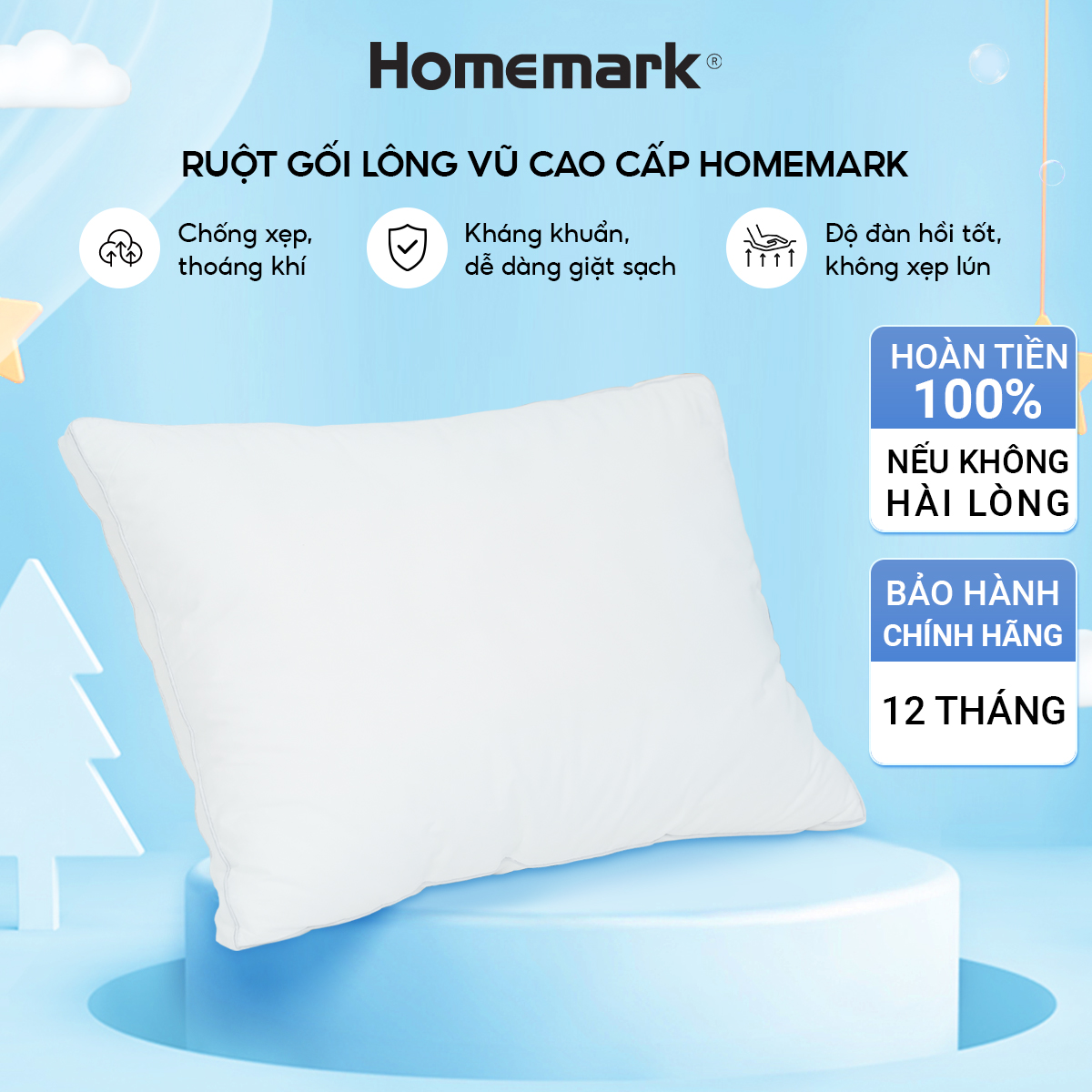 Ruột Gối Lông Vũ Nhân Tạo Homemark - Êm Ái, Thoáng Khí, Chống Bám Bụi, Chống Xẹp Lún, Hỗ Trợ Giấc Ngủ Ngon - 50x70cm