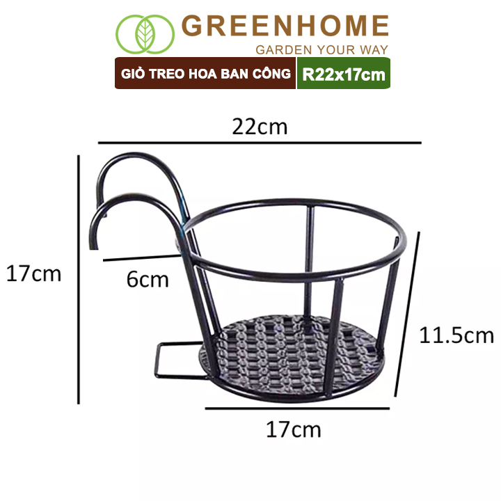 Giỏ treo hoa ban công, D22xC18cm, chất liệu sắt sơn tĩnh điện, phù hợp với mọi lan can |Greenhome