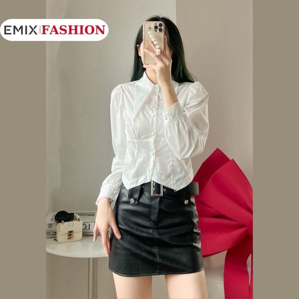 Áo sơ mi trắng croptop cúc bọc EMIX, dài tay, size dưới 53kg, chất thô boil