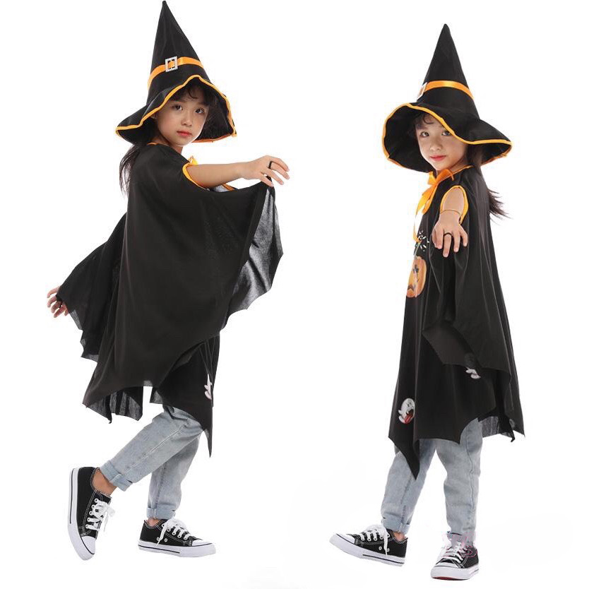 Áo choàng phù thủy cánh dơi kèm mũ hóa trang Halloween cho bé 4-10 tuổi