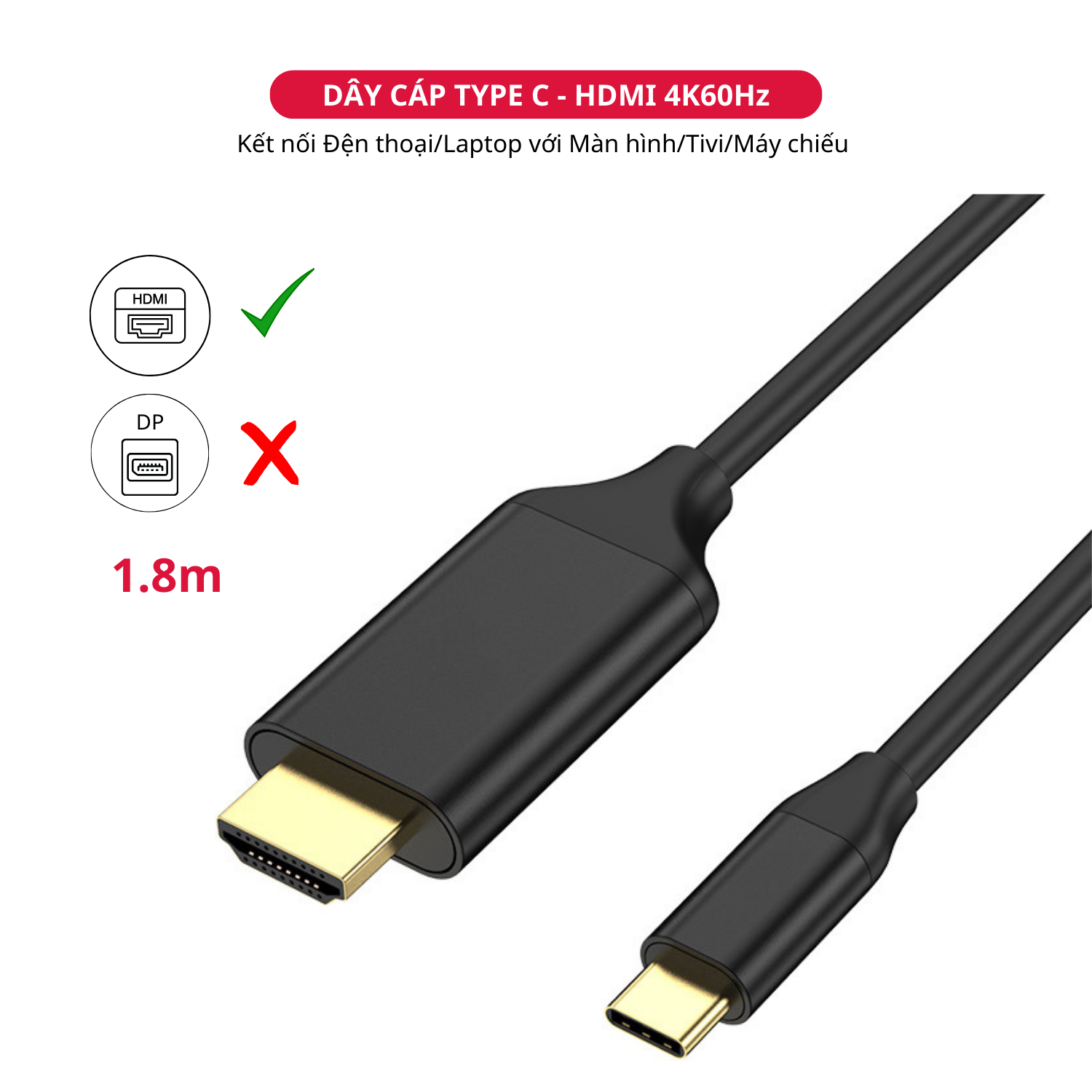Dây Cáp Type C To HDMI 4K 60Hz Thunderbolt 3 Dài 1.8M - Hàng Chính Hãng Tamayoko