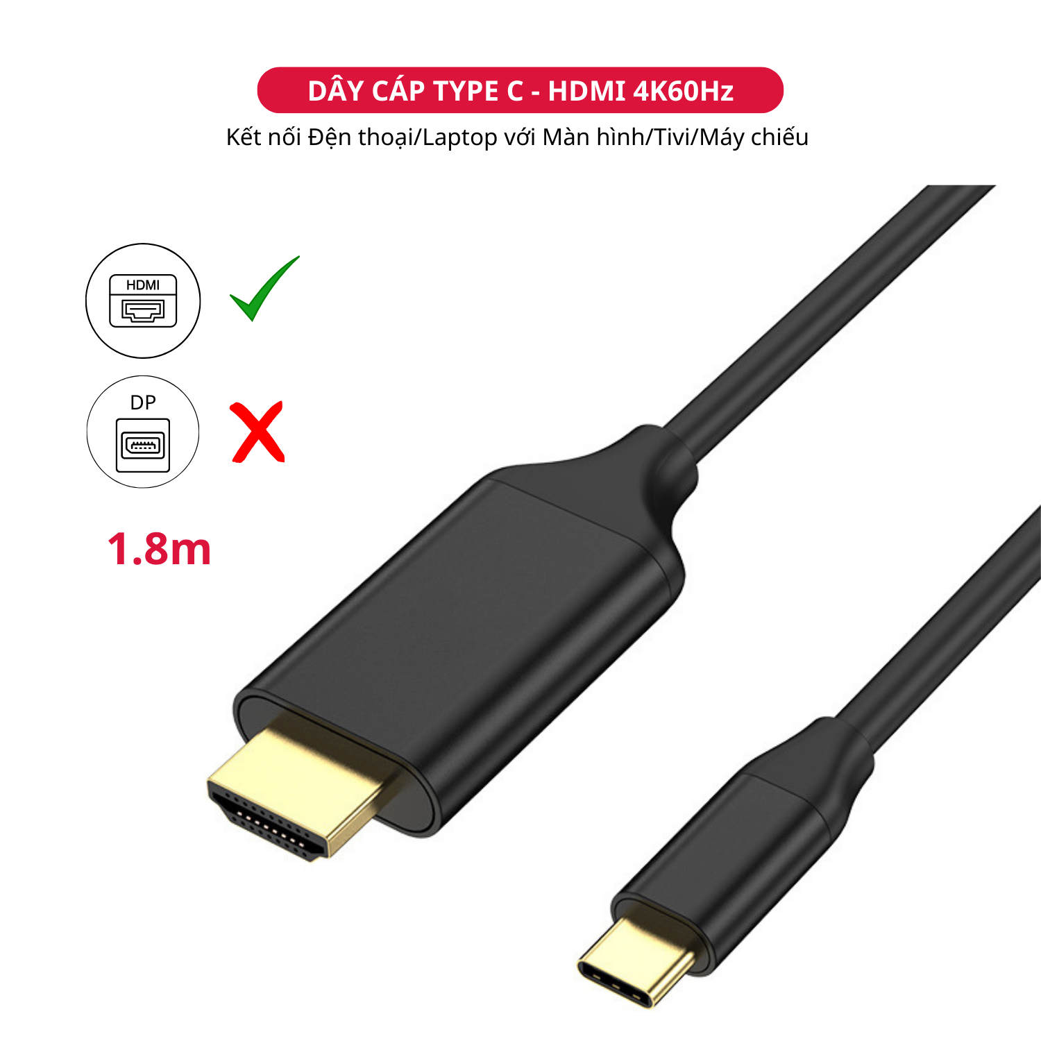 Dây Cáp Type C To HDMI 4K 60Hz Thunderbolt 3 Dài 1.8M  - Hàng Chính Hãng Tamayoko