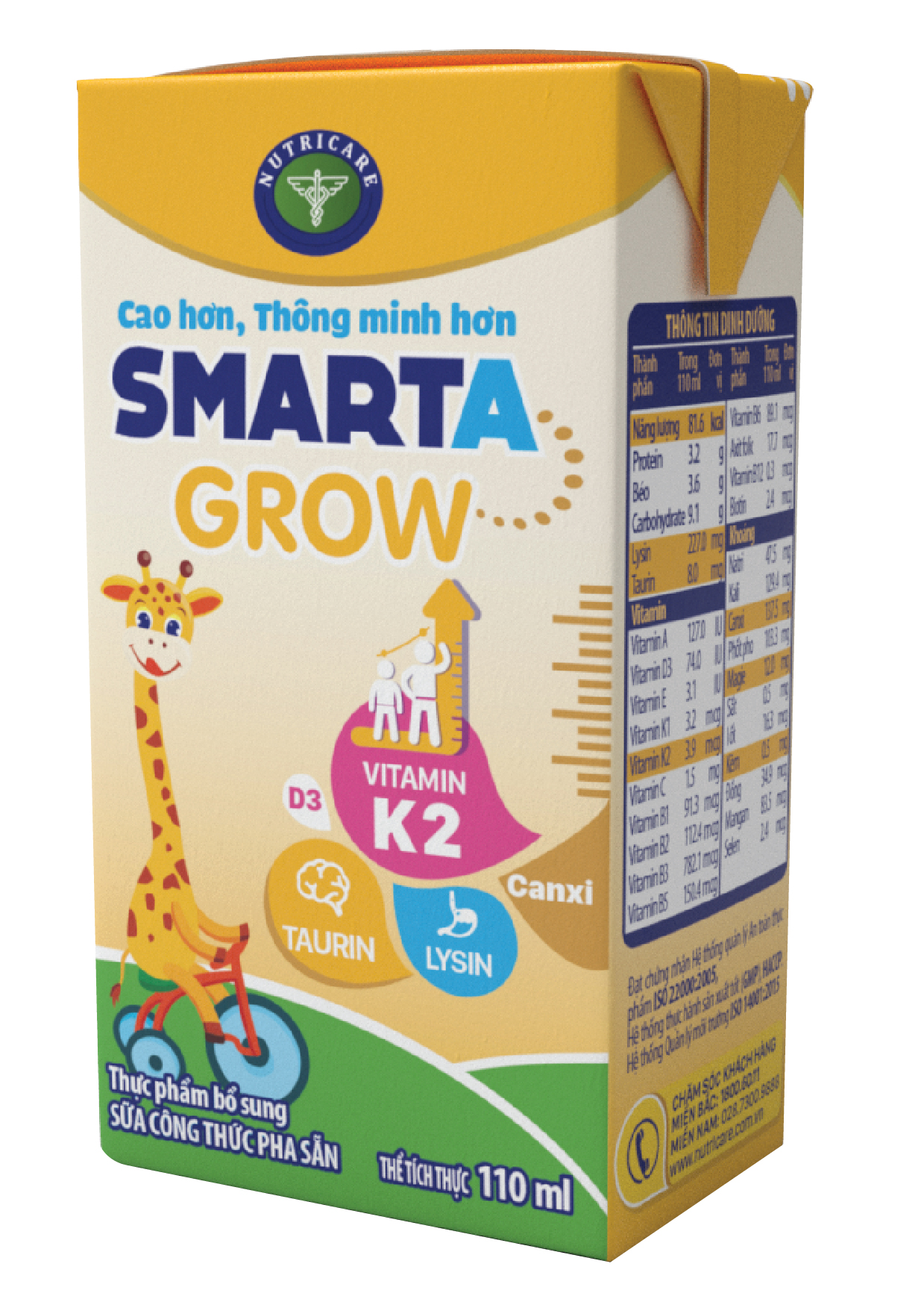 Thùng (110ml x 48 hộp) sữa công thức pha sẵn Nutricare Smarta Grow giúp trẻ tăng trưởng chiều cao, phát triển não bộ, dinh dưỡng cho trẻ thấp còi