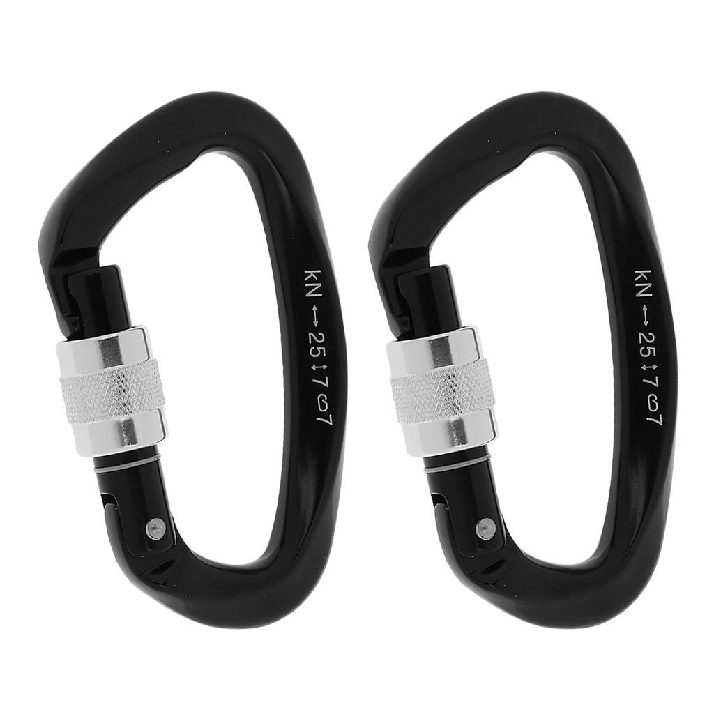 2pcs 25KN D-ring Screw Locking Carabiner Hook Safety Rock Climbing Rescue Rappelling Equipment Black
