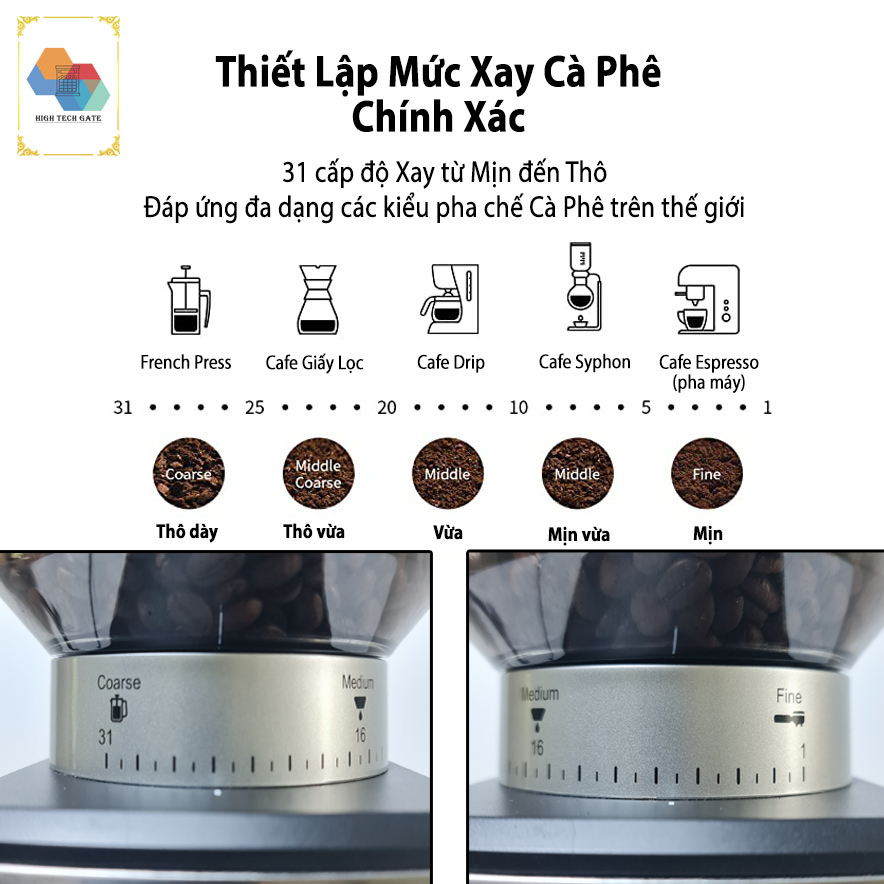 Máy Xay Cà Phê G5 HIGH TECH GATE CG05 Xay Hạt Cafe Pha Espresso, 31 Cấp Độ Xay Từ Thô Đến Mịn, Để Bàn Nhỏ Gọn, Giá Đỡ Tay Cầm 51mm và 58mm Tiện Lợi, Hàng Chính Hãng