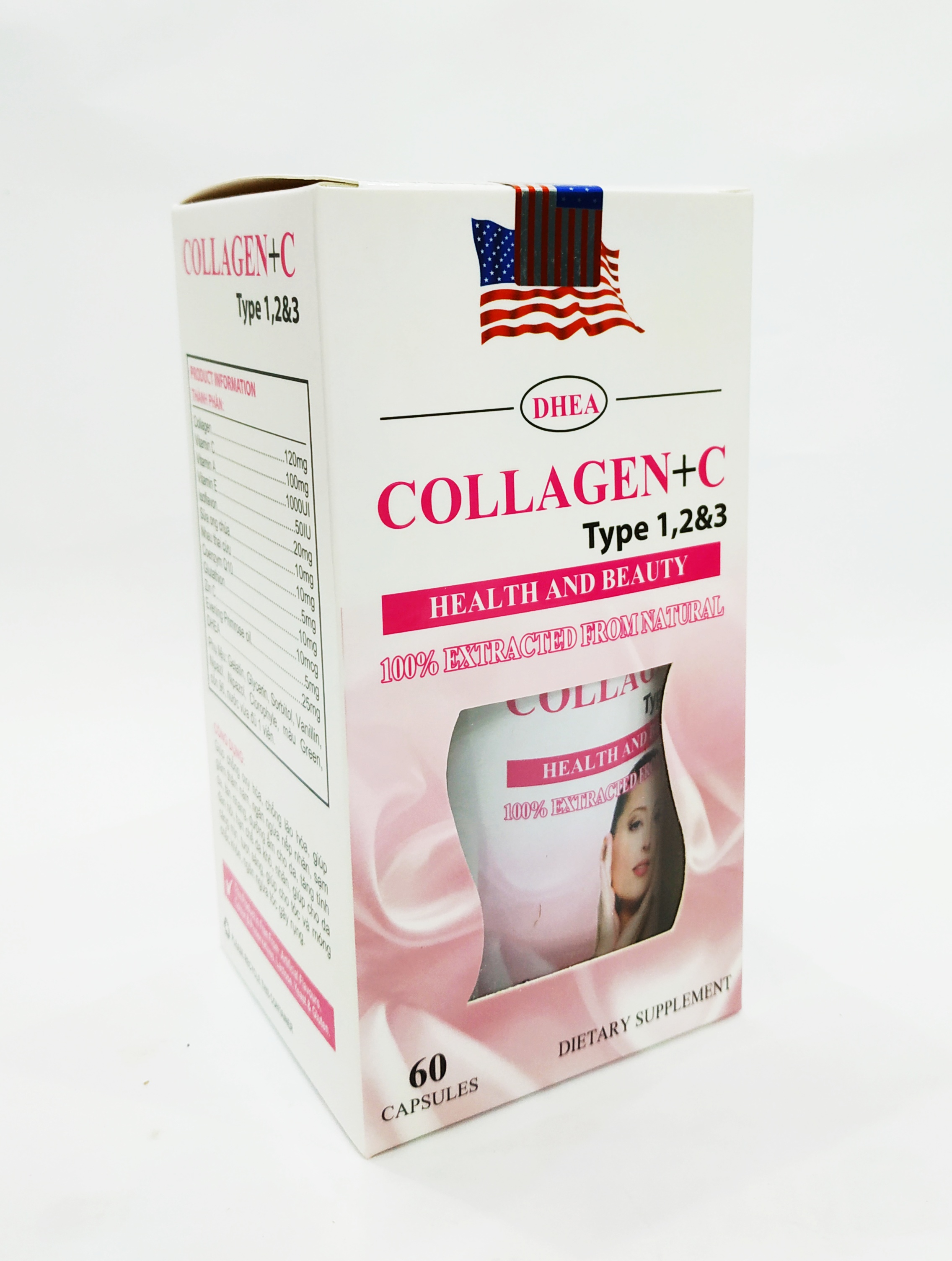 Viên Uống Bổ Sung Collagen + C Tuype 1,2&3 - Giúp Sáng Da, Đẹp Da, Mờ Vết Thâm Nám - Ngăn Ngừa Lão Hóa - Nguyên Liệu Nhập Khẩu Mỹ - Lọ 60 Viên