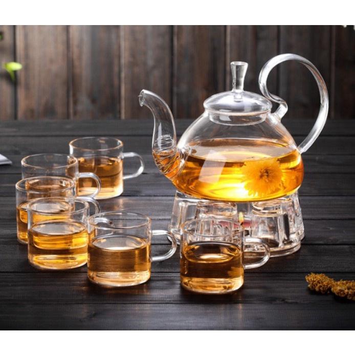 Bộ ấm pha trà thủy tinh tay vồng kèm khay, đế nến, 6 đĩa lót tách