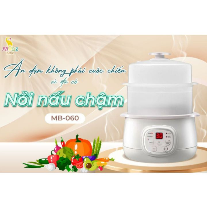 Nồi Nấu Cháo Chậm, Chưng Yến Moaz Bebe MB–060 - Nồi Hầm Cách Thủy Đa Năng Dung Tích 1L Kèm Xửng Hấp, Lòng Nồi Bằng Sứ Giữ Nhiệt Tốt Hơn - Hàng chính hãng