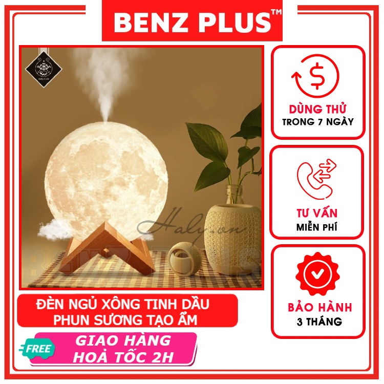 Đèn ngủ mặt trăng BENZ xông tinh dầu, phun sương tạo ẩm phòng ngủ có 3 chế độ màu sắc phiên bản PREMIUM fullbox tặng đế gỗ