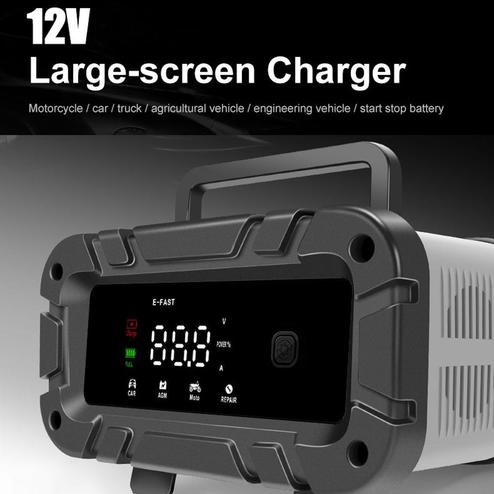 E-FAST Car Battery Chargers 12V Intelligent Pulse Repairing Charge Device Automotive Battery Trickle Maintainer with LCD Digital Display for Car Truck Motorcycle Battery Leadacid Battery Lithium Battery