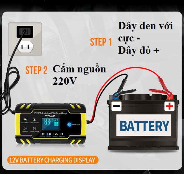 Máy sạc bình ắc quy 12V-24V/8A kèm khử sunfat phục hồi ắc quy thông minh tự ngắt khi đầy chống ngược cực có LCD và quạt tản nhiệt sạc được cho cả bình khô bình ướt từ 4ah-150Ah