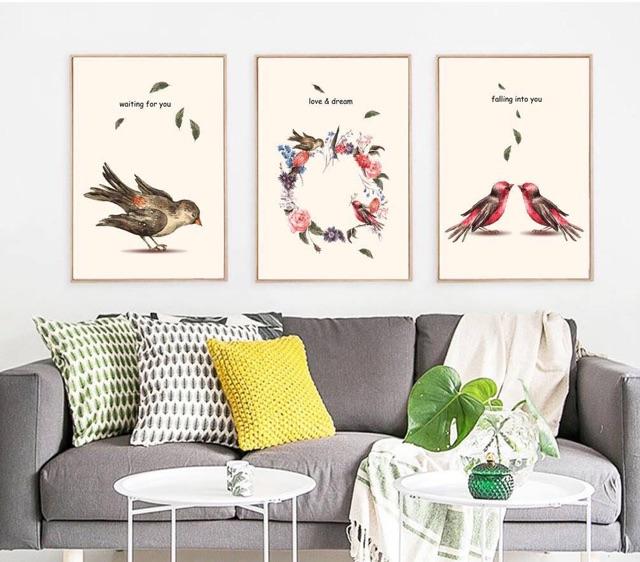 Tranh treo tường bộ 3 tấm tranh chim và cây