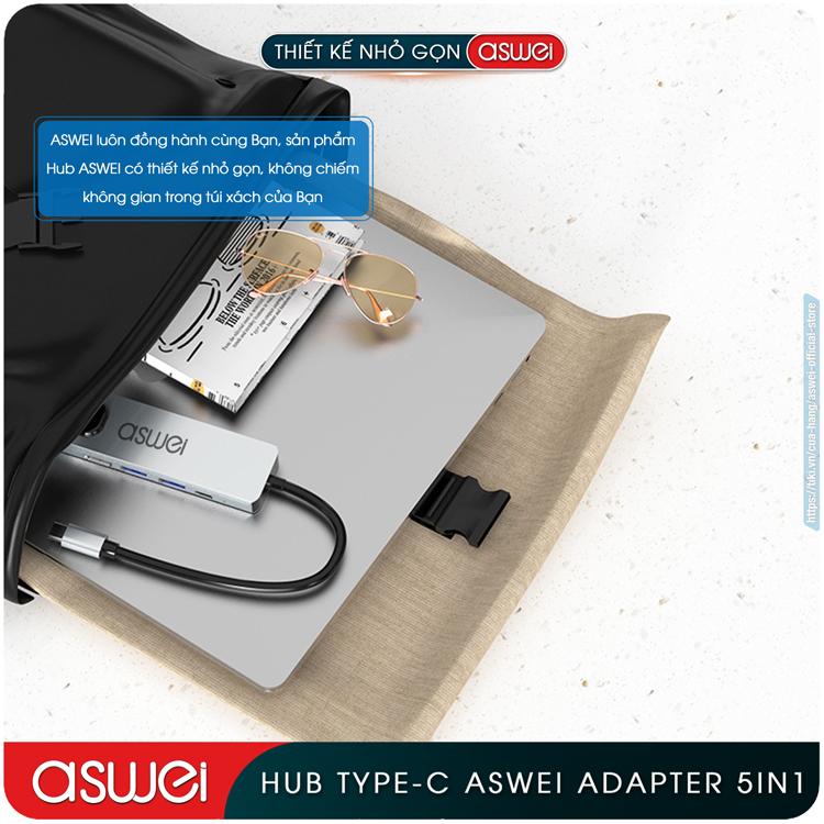 Hub Chuyển Đổi USB Type C ASWEI 5 in 1 To HDMI, USB 3.0, Lan, PD 100W - Hàng Chính Hãng