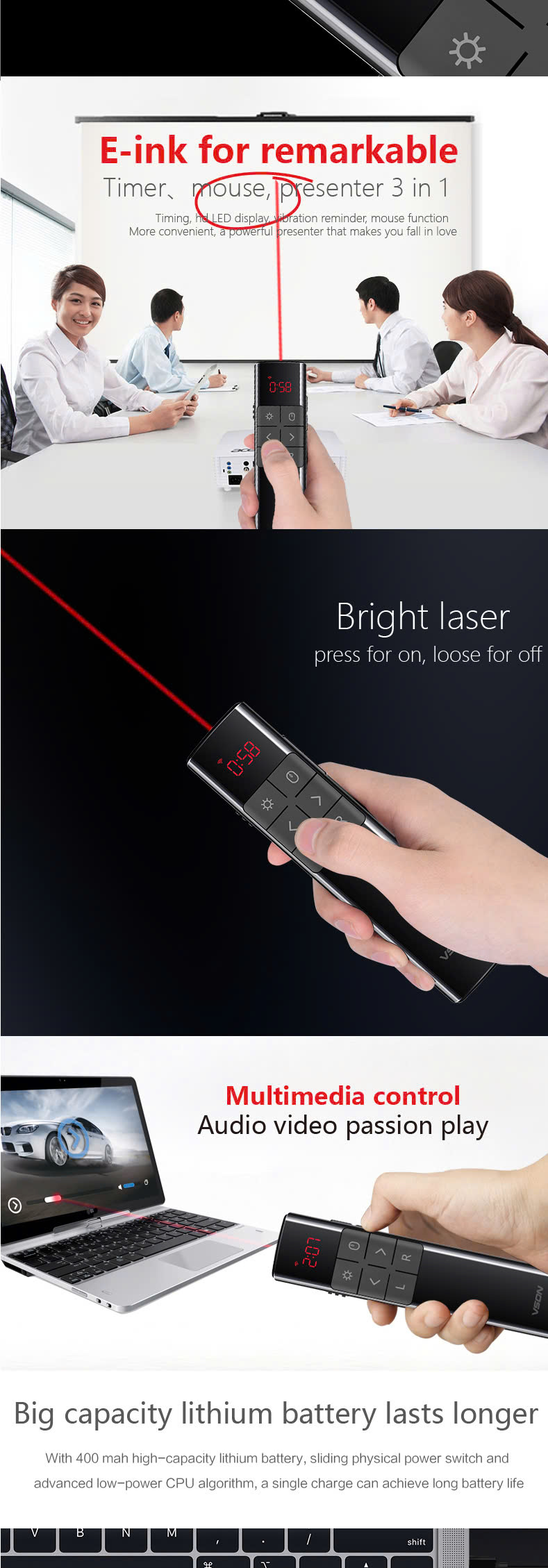 Bút Trình Chiếu VSON N81 – Chuột Không Dây &amp; Laser Đỏ, Hỗ Trợ Hẹn Giờ &amp; Rung Nhắc, Điều Khiển Từ Xa 30m - Hàng nhập khẩu