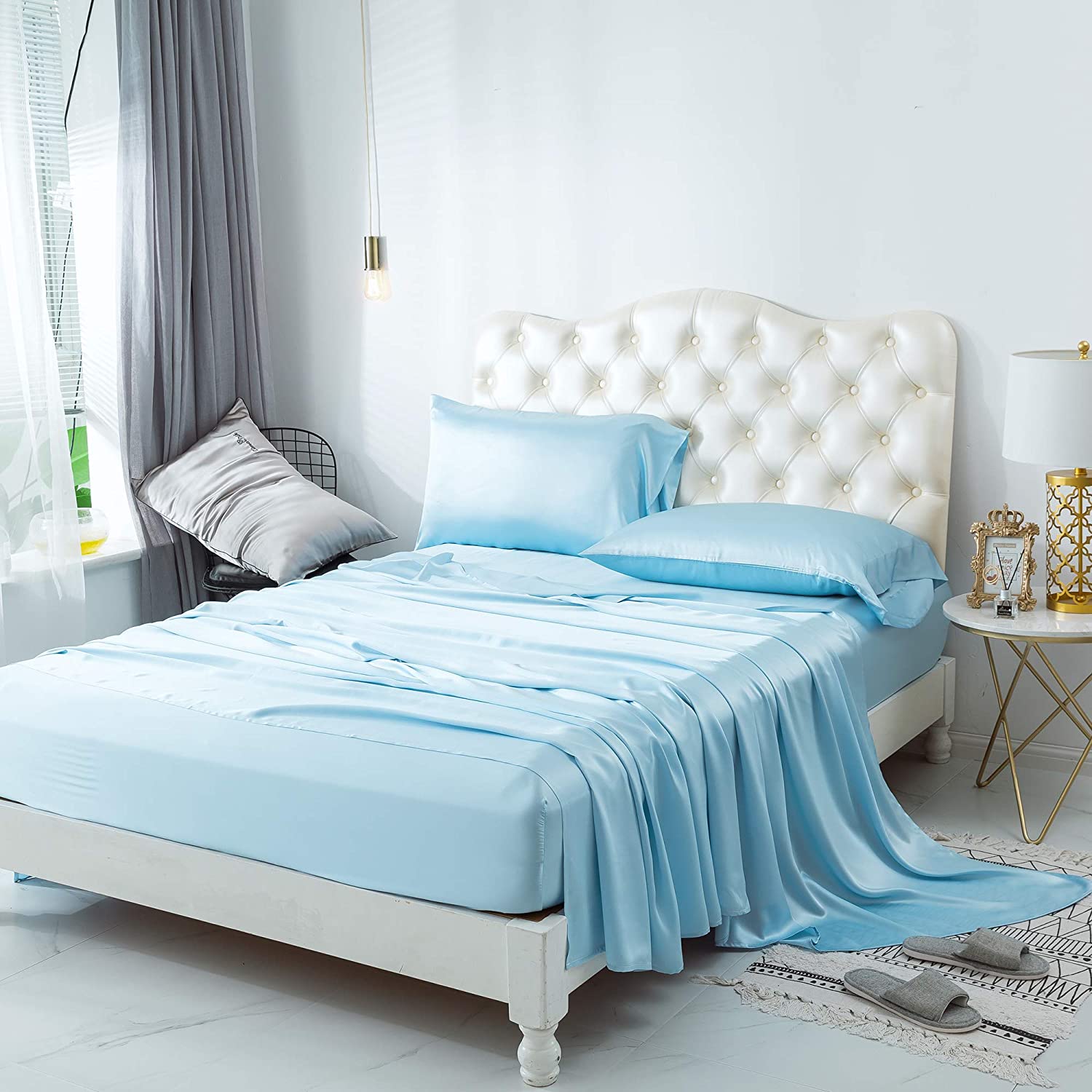 Bộ Vỏ Chăn Ga Gối Phi Lụa 5 Món Cao Cấp Màu Xanh Ngọc Hàng Loại 1 Không Nối Vải Kích Thước 1m6 và 1m8