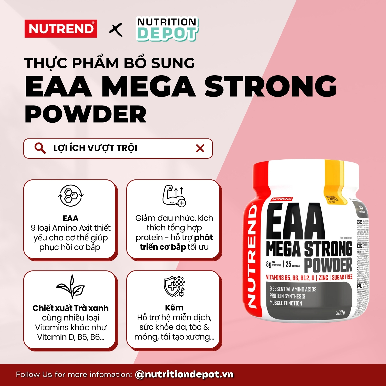 Thực phẩm bổ sung phục hồi cơ tối ưu Nutrend EAA MEGA Strong Powder (Hộp 300g) - Nutrition Depot Vietnam