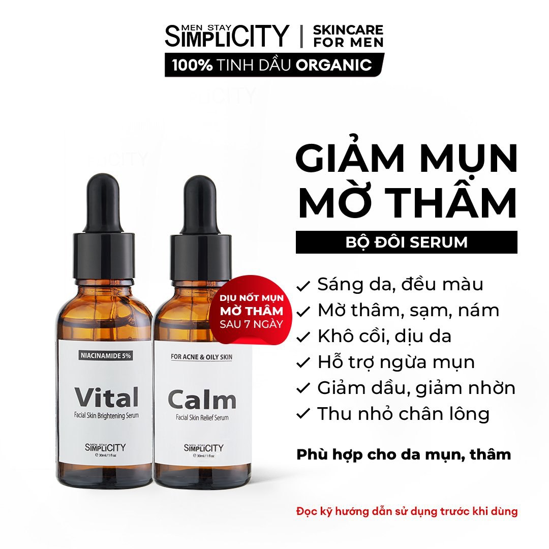 Bộ serum Men Stay Simplicity giảm mụn, làm dịu, sáng da, mờ thâm, thu nhỏ lỗ chân lông cho nam Niacinamide 5% + Zinc PCA 1% 2x30ml