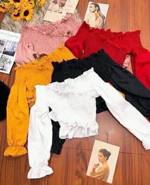 Áo nhún kiểu trễ vai đắp chéo tay dài (hình thật chụp áo