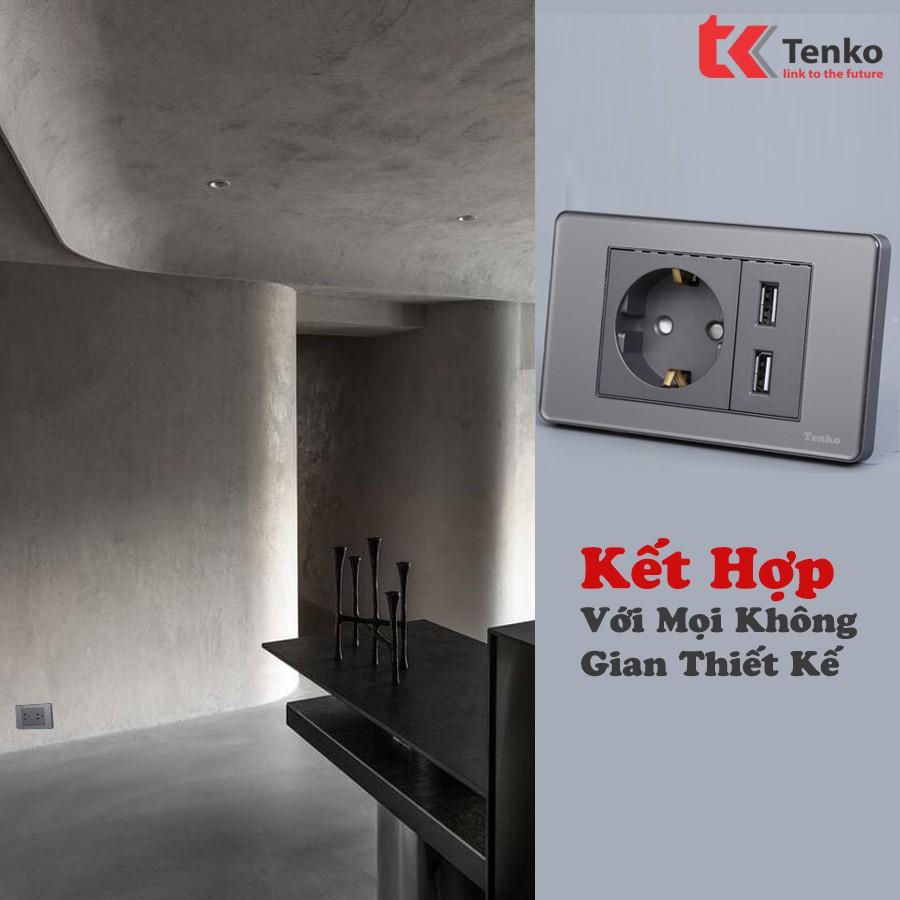 Công Tắc-Ổ Cắm 2 Chấu Âm Tường Mặt PVC Trong Bo Viền Xám - Chống Xước Chống Bạc Màu TENKO TK-C9-G023
