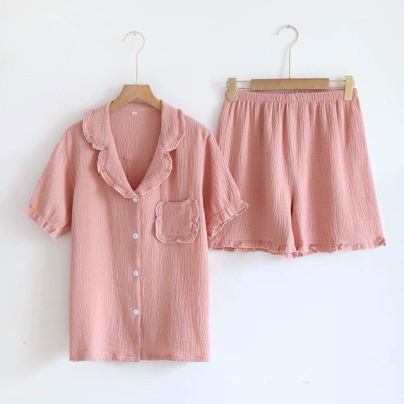 Bộ pyjama bèo nữ mùa hè, Bộ mặc nhà đùi Xô Muslin cộc tay trơn TH01