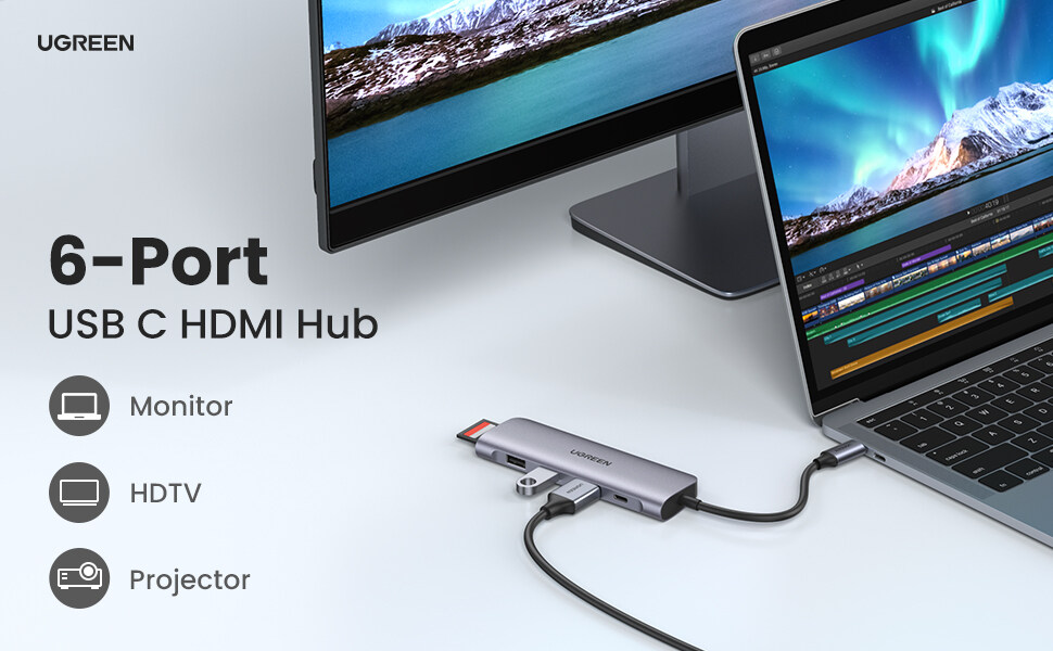 Bộ chuyển đổi đa năng TypeC sang 2 USB 3.0 + HDMI + SD, TF+ PD (6 in 1) Ugreen - hàng chính hãng 70411