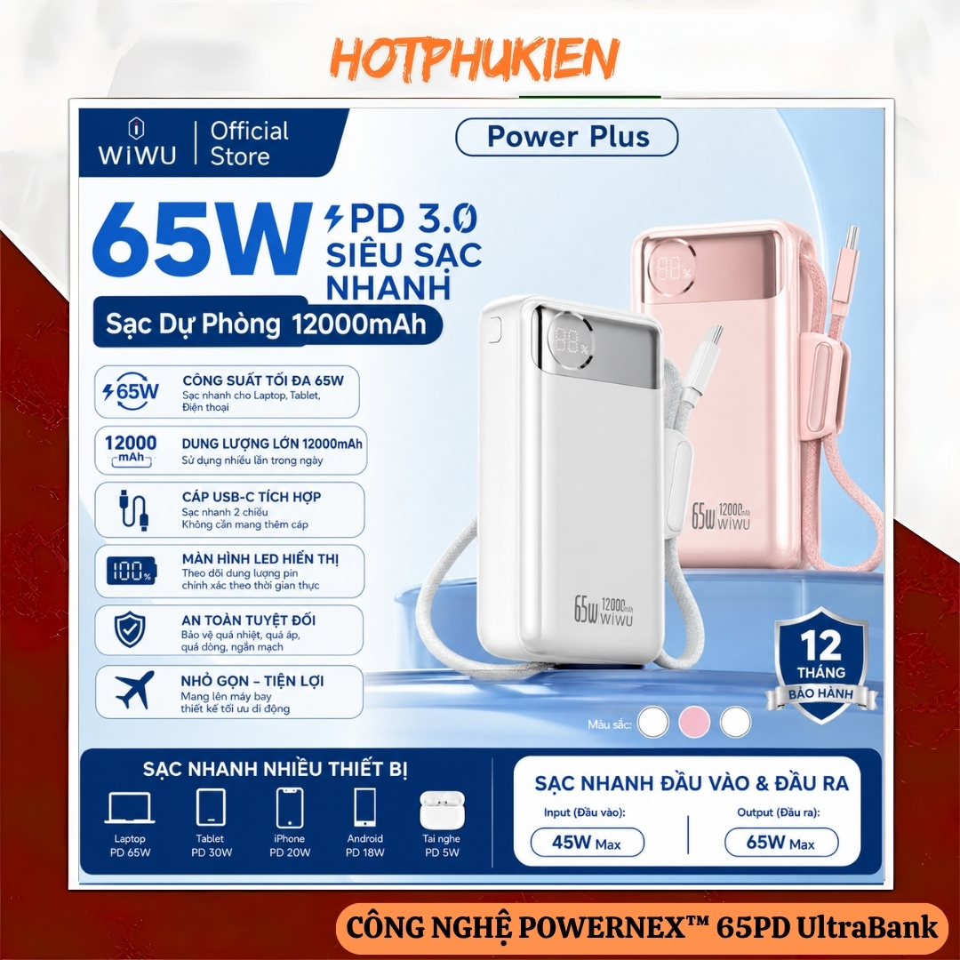 Pin sạc dự phòng PD 3..0 sạc nhanh 65W 12.000mAhtích hợp dây sạc Type C WIWU POWER PLUS Cho iPhone Laptop Macbook iPad - Màn hình hiển thị pin kỹ thuật số, Hệ thống bảo vệ đa tầng an toàn - Hàng nhập khẩu