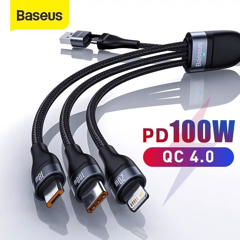 Dây sạc 3 đầu pd 100w qc4.0 Baseus lightling type c micro usb - cáp sạc 3 in 1 dài 1.2m cho iphone samsung xiaomi,...vv - hàng chính hãng