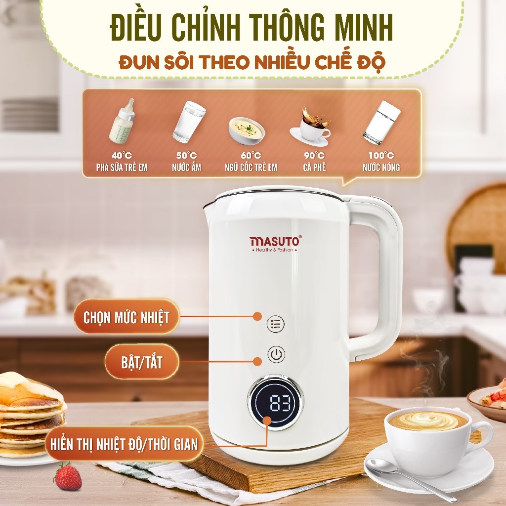 Ấm siêu tốc Sothing Masuto 1,7L MS Nami 2 lớp giữ nhiệt chống bỏng an toàn, inox 304 nguyên khối- Hàng chính hãng