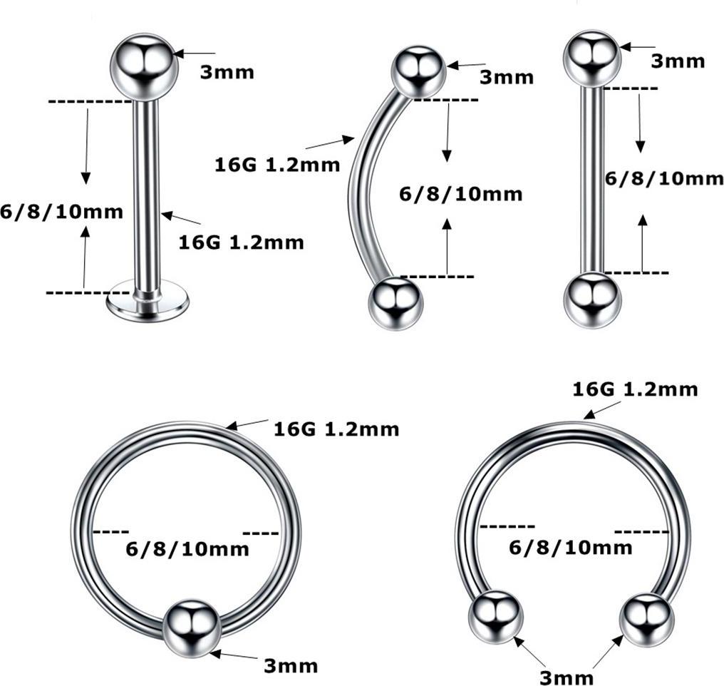 10 Pieces Stainless Steel Nose Lip Tongue Eyebrow Tragus Navel Belly Ring Piercings 16g