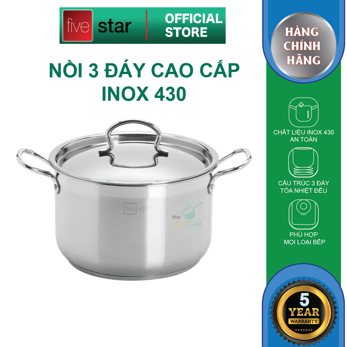 Nồi inox 3 đáy inox 430 FiveStar Standard nắp inox( 32cm )