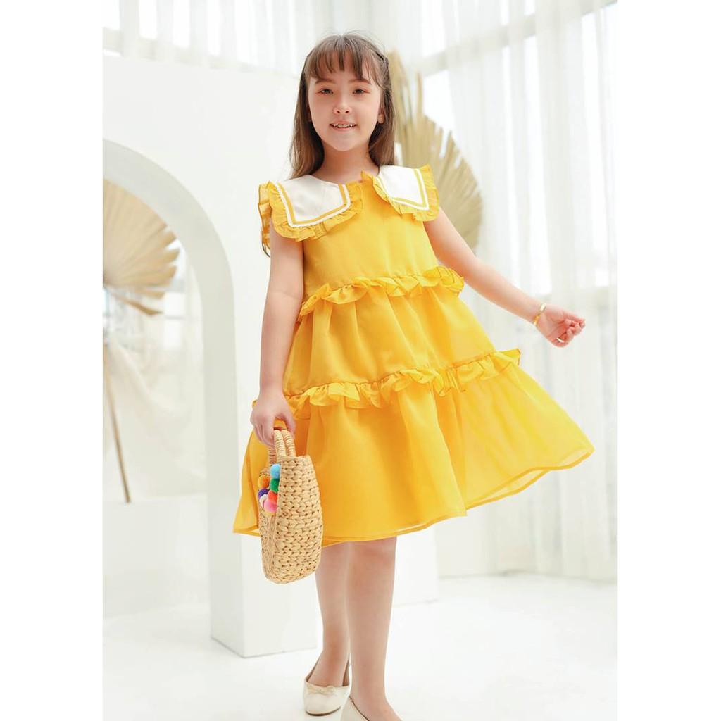 Váy đầm bé gái BYZU, chất vải xốp màu vàng tươi, thiết kế 3 tầng sành điệu (Daisy Dress)