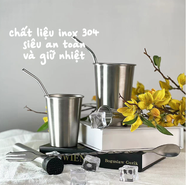 Ly Inox Bọc Da Gucgres 500Ml Kèm Ống Hút Inox
