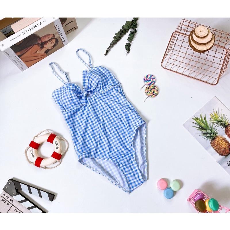 Bộ đồ bơi liền mảnh bikini monokini nữ caro xanh thắt nơ ngực dễ thương