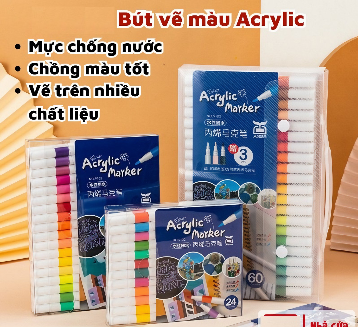 Bút lông tô màu Crylic Marker 60 màu cao cấp vẽ trên nhiều chất liệu, không thấm nước, chống nhòe dành cho học sinh - Hàng chính hãng