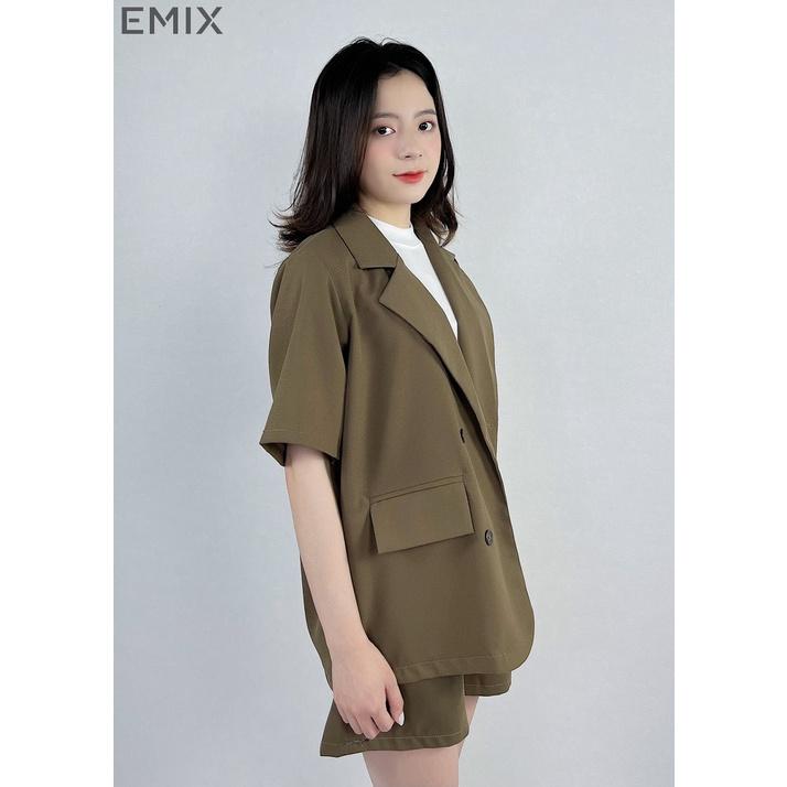 Set vest cộc tay EMIX (màu nâu), áo blazer cộc tay, quần short cạp cao, form rộng, có cúc, chất trượt hàn 109