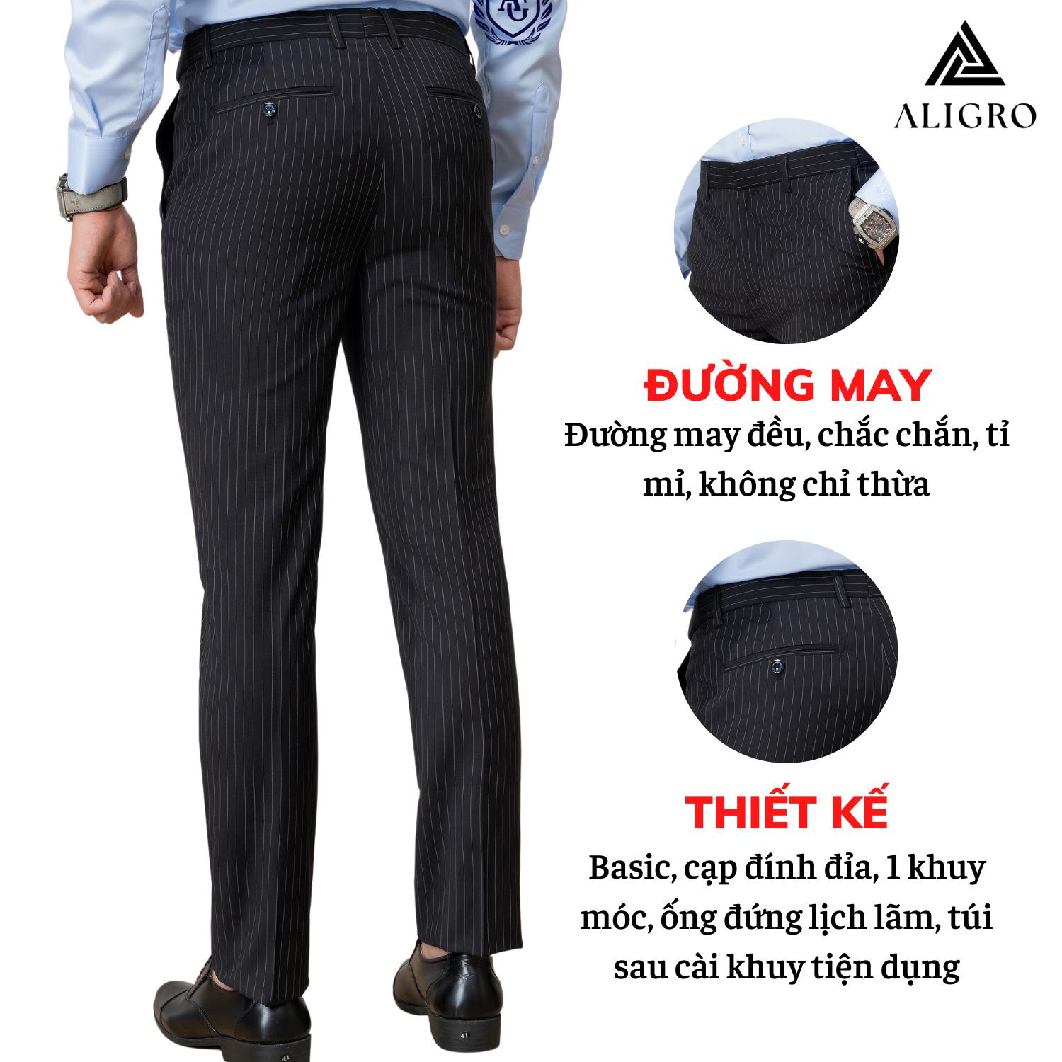 Quần Âu Nam ALIGRO Đen Kẻ Sọc Trắng Form Chuẩn Slimfit, Vải Cotton Cao Cấp Cực Tôn Dáng, Lịch Sự, ALGO1049