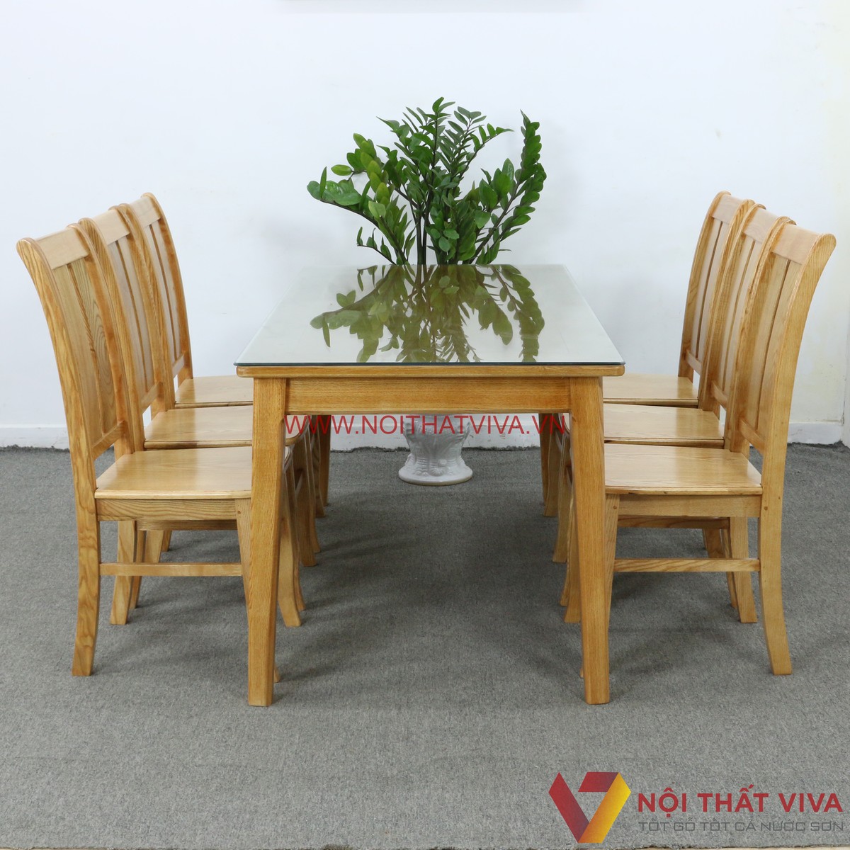 Bộ Bàn Ăn Gỗ Sồi Nga 6 Ghế Lưng Cong Mặt Kính Hiện Đại Đẹp Giá Tốt