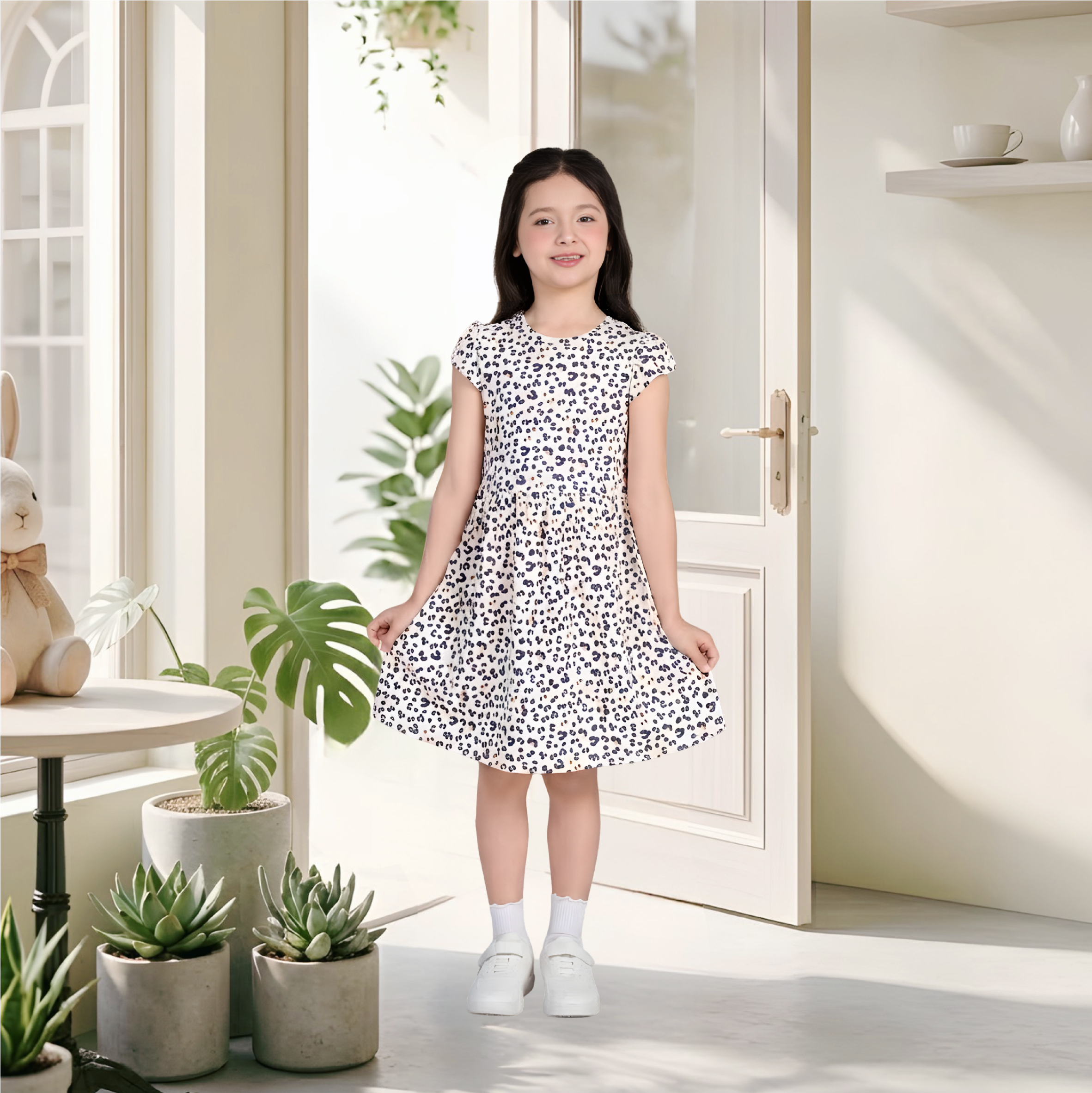 Váy hè bé gái Bigfox Miss Meow ngắn tay size đại vải thun cotton in gấu cho trẻ em 3-11 tuổi 35kg