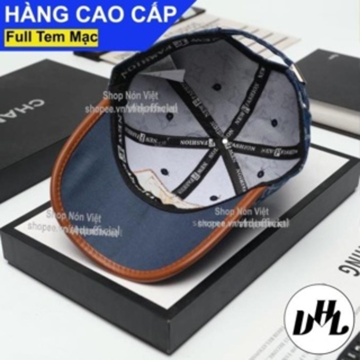 Mũ Lưỡi Trai Nón Kết LV Logo Thêu Nổi Vải Hoạ Tiết Kaki Cotton Jeans Màu Xanh Kết Viền Da Nâu Form Đứng