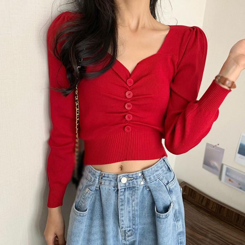 Áo Thun Dệt Kim Tay Dài Thiết Kế Cổ Chữ V Màu Trơn Thanh Lịch