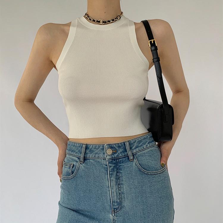 MS675 Áo kiểu nữ cổ yếm croptop dệt kim màu trơn basic