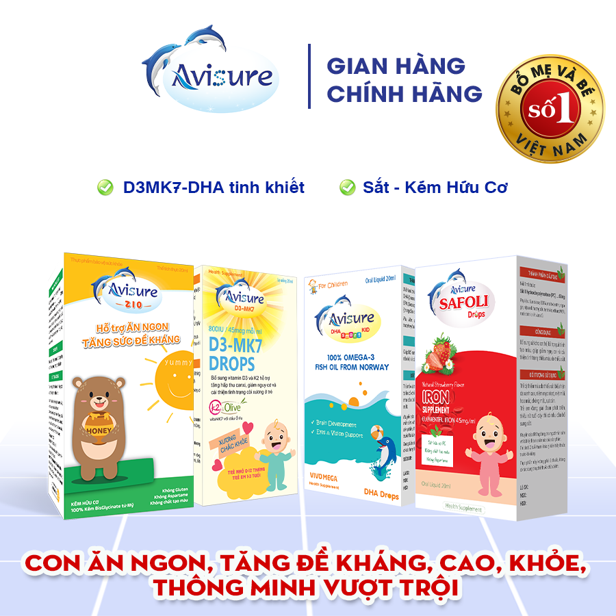 Bộ tứ Avisure sắt hữu cơ, D3K2 DHA tinh khiết, kẽm sinh học cho bé ăn ngủ ngon, thông minh, cao lớn