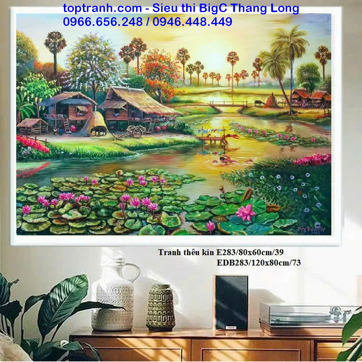 Tranh thêu chữ thập cảnh làng quê E283 thêu kín chưa thêu